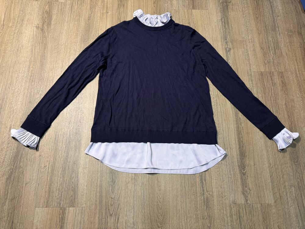 Ted Baker Women's Navy Sweater with Light Blue Shirt Hem and Ruffle Collar